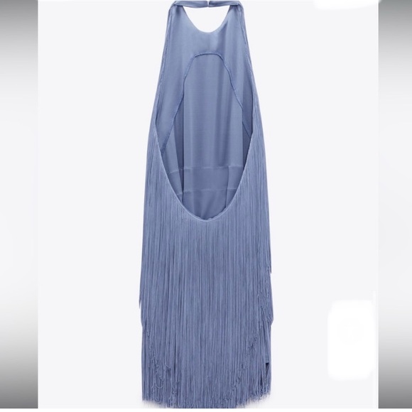 ZARA Blue Fringe Halter Mini Dress NWT - Picture 4 of 15